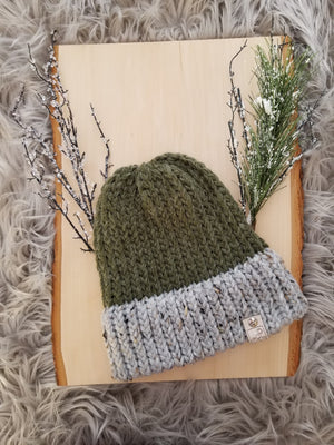 Forest Green and Gray Tweed Two-Faced Beanie