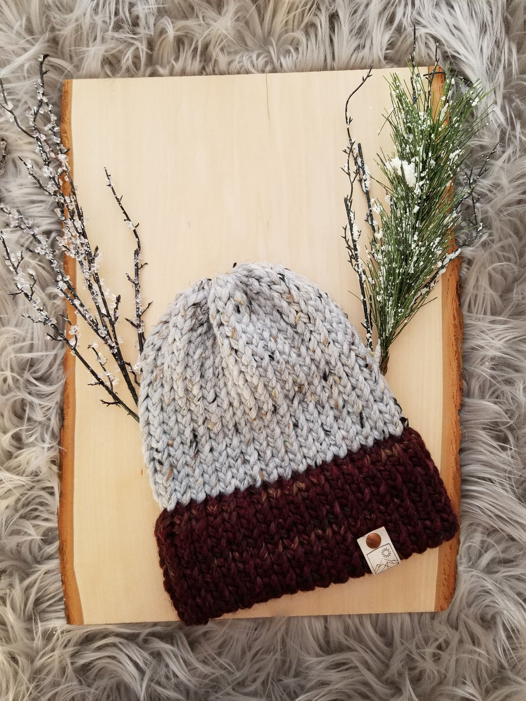 Burgundy and Gray Tweed Two Faced Beanie